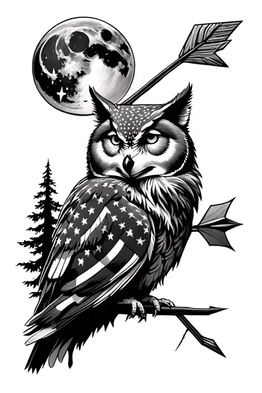 American flag, owl, moon, wolf, arrow, woods tattoo design idea