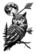 American flag, owl, moon, wolf, arrow, woods tattoo design idea