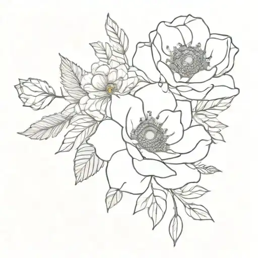 a bouquet of flowers with a rose, poppy, daffodil and chrysanthemum tattoo design idea