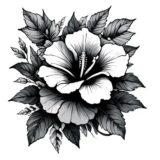a black line thigh tattoo made up of hibiscus flowers and leaves tattoo design idea