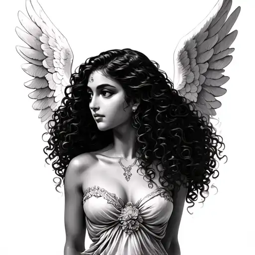 beautiful tan skin curly hair Latina guardian angel slightly zoomed out tattoo design idea