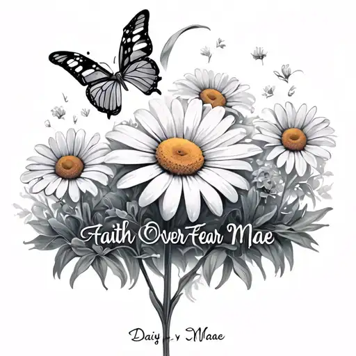 daisy flower with stem Daisy Mae in cursive writing, faith over fear with a cross , butterfly's ,  tattoo design idea