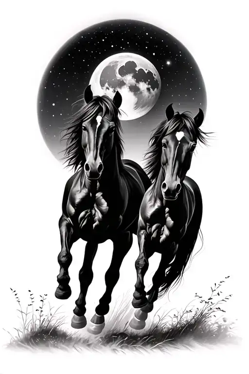 black and white tattoo. Two horses running with a crescent moon in the background  tattoo design idea