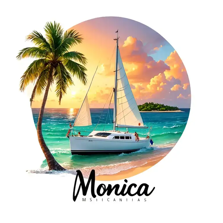 "Monica" "Monica" "Monica" white catamaran sailing, sunrise, small island palm, ocean, beach tattoo design idea