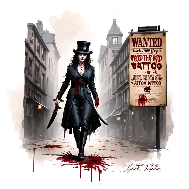 bloody woman jack the ripper knife walking past wanted poster with police tattoo design idea