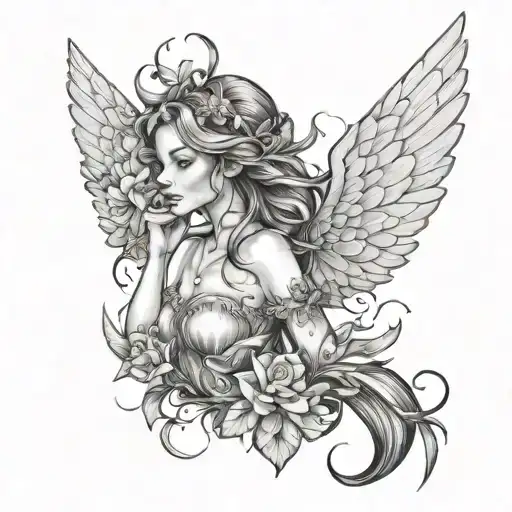 delicate fairy with wings of feathers tattoo design idea