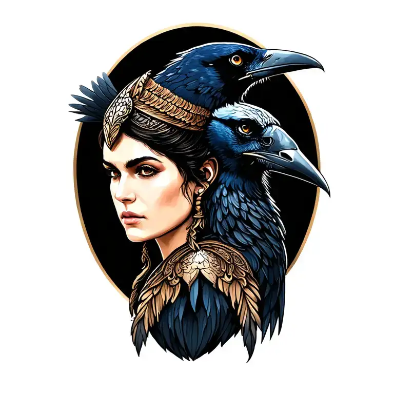 valkyrie portrait realistic with raven standing tattoo design idea