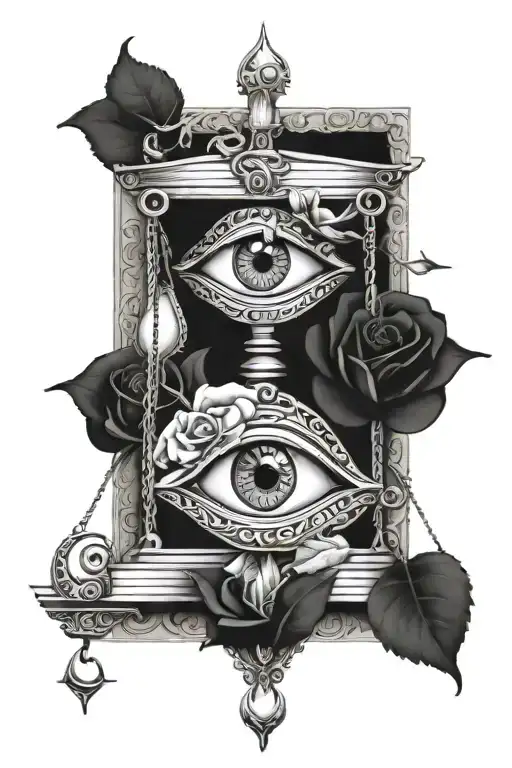 Libra, eye and rose, where the eye is above the scales and the rose wraps the scales with stems and thorns tattoo design idea