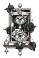 Libra, eye and rose, where the eye is above the scales and the rose wraps the scales with stems and thorns tattoo design idea