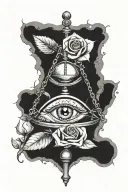 Libra, eye and rose, where the eye is above the scales and the rose wraps the scales with stems and thorns tattoo design idea