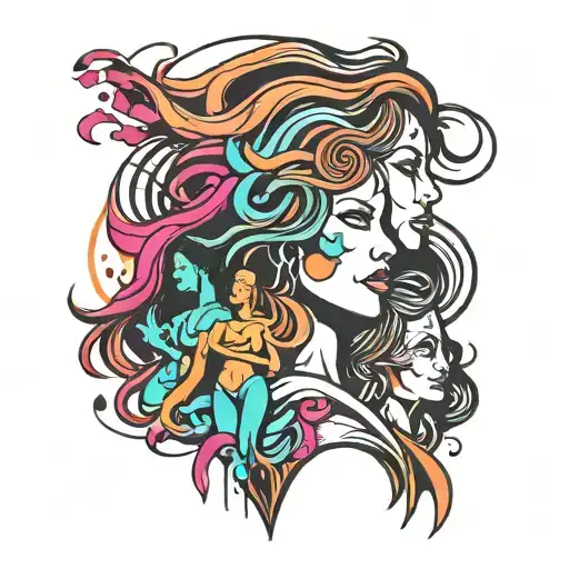 line with symbols of women, strenght, mother of two daugters, wave, tattoo design idea