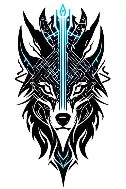 viking tribal tattoo design incorporating symbiote less black more futuristic with a wolf head less black more color tattoo design idea