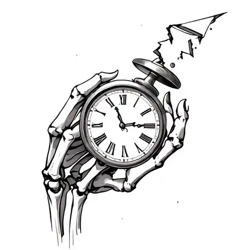 Generate a traditional black and grey tattoo design with an open skeleton hand holding a broken clock tattoo design idea