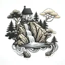blackwork floating island with waterfall tattoo design idea