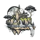 blackwork floating island with waterfall tattoo design idea