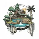 blackwork floating island with waterfall tattoo design idea