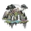 blackwork floating island with waterfall tattoo design idea