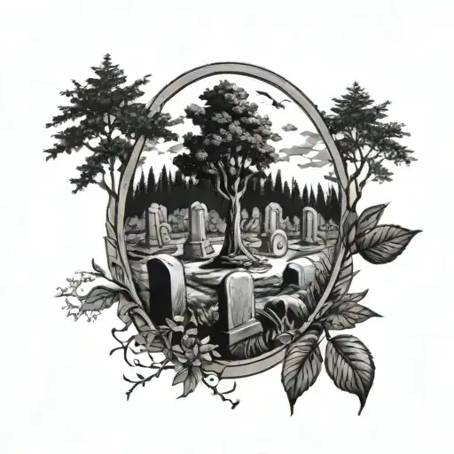 forest cemetery scene with tombstones tattoo design idea