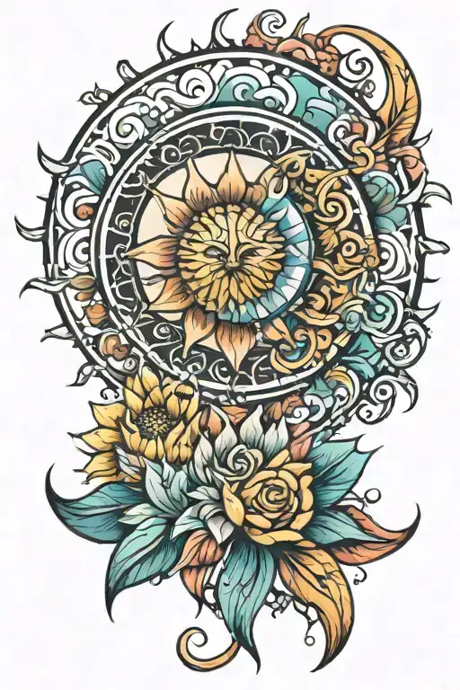 mosaic colorful flower and sun and moon tattoo design idea