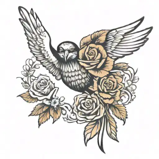 wings spread with space inbetween for a picture of a lost loved one standing up and a flowers below the wings tattoo design idea