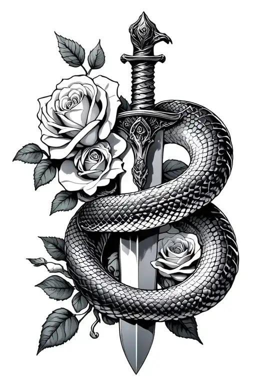 Snake wrapped around whole dagger with roses intertwined and blooming tattoo design idea