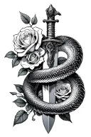 Snake wrapped around whole dagger with roses intertwined and blooming tattoo design idea