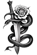 Snake wrapped around whole dagger with roses intertwined and blooming tattoo design idea