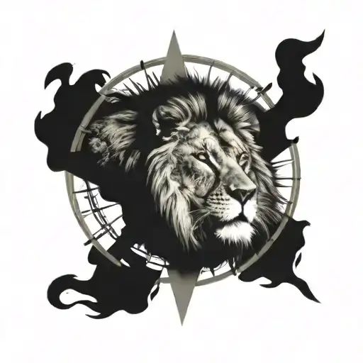 lion with compass realism tattoo design idea