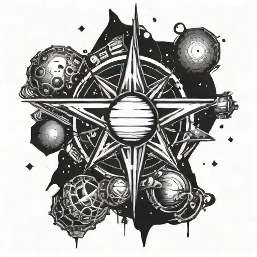 A cosmic tattoo of a cybernetic star system, merging the client's love for planets and stars with a cyberpunk twist tattoo design idea