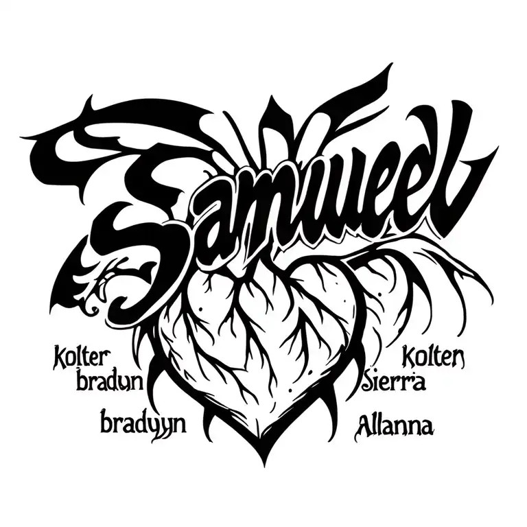 4 chamber heart with the name Samuel above it, in each chamber there is one name, Kolter, bradyn, sierra,Alanna tattoo design idea