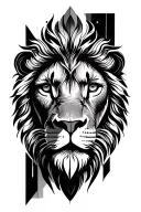 Lion face with mouth closed wise eyes surrounded by mandala geometric shapes tattoo design idea
