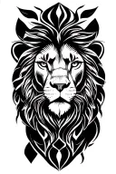 Lion face with mouth closed wise eyes surrounded by mandala geometric shapes tattoo design idea