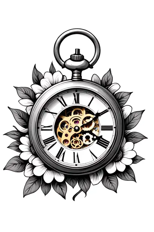 pocket watch with gears inside the middle with flowers around it tattoo design idea