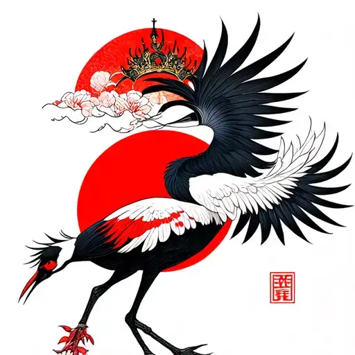 red crown crane with red sun moon tattoo design idea