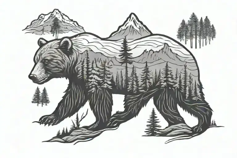 fine line bear silhouette with mountain and trees tattoo design idea