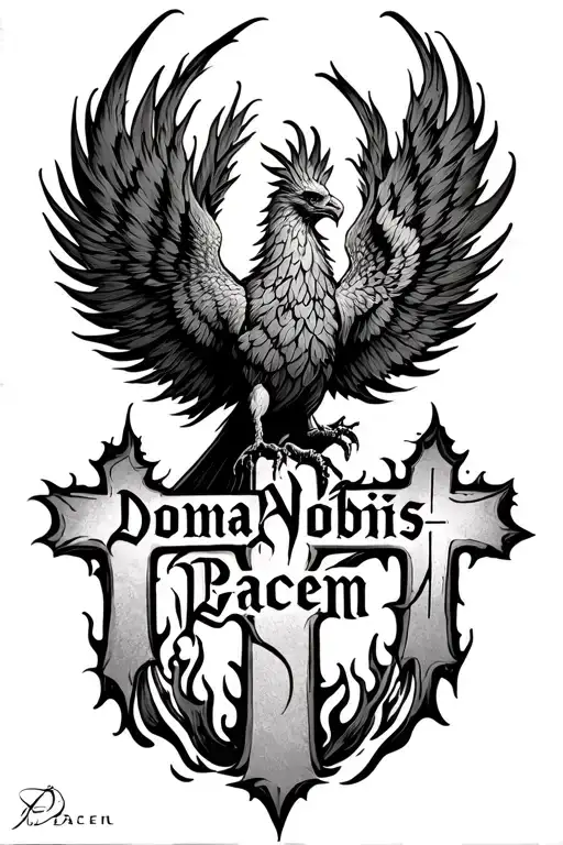 Phoenix rising from  flames and two crosses  and words Dona Nobis  Pacem in gothic letters  tattoo design idea