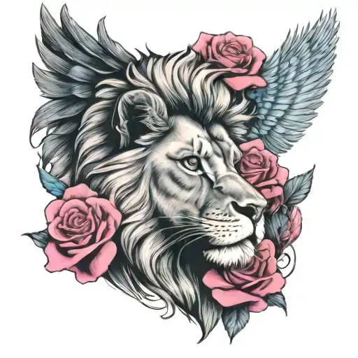 lion face and phenix head looking away with 3 full roses 1 blue and 2 pink below the image tattoo design idea