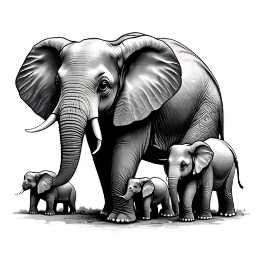 mama elephant and four baby elephant tattoo design idea