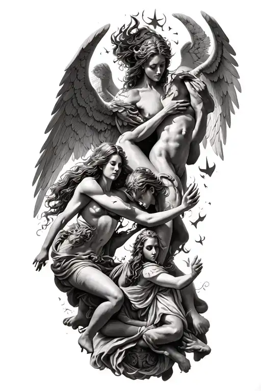 heaven vs hell theme with angels and demons fighting tattoo design idea