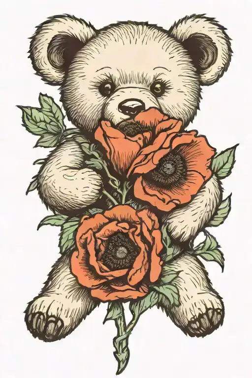 teddy bear holding poppy flower tattoo design idea