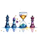 chess pieces and hour glass with jewels and gold as the sand tattoo design idea