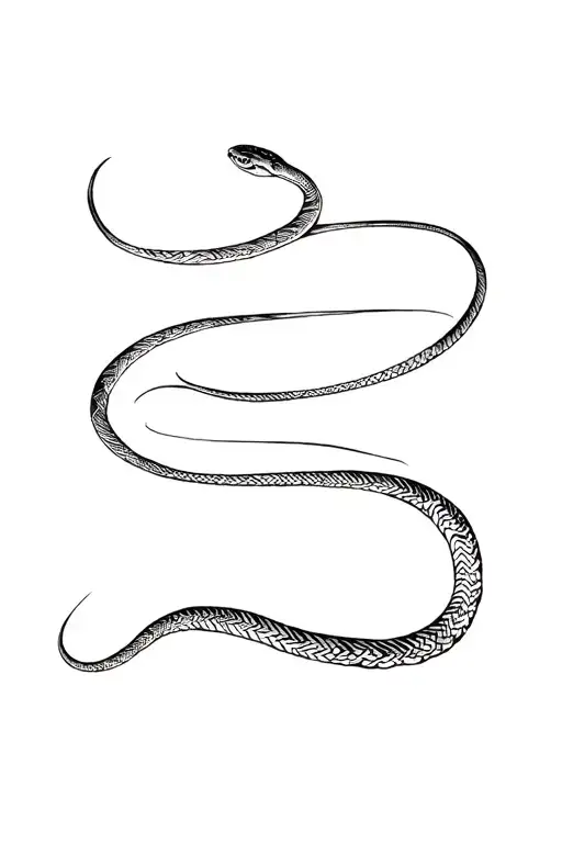 Minimalist fine line snake tattoo, two wraps around forearm, then elegant curves to wrist, no shading, clean lines. tattoo design idea