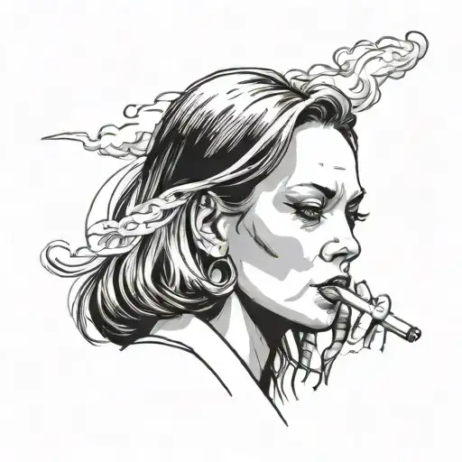Black and white, minimalist portrait of Uma Thurman smoking a cigarette from the movie Pulp Fiction.  tattoo design idea
