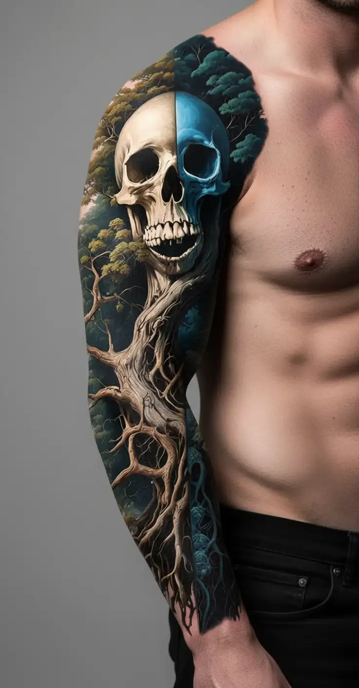 Ultra Photorealistic.  Extremely detailed.  Tree-of-life/death.  merge two halves:Half rebirth motifs, half death motifs tattoo design idea