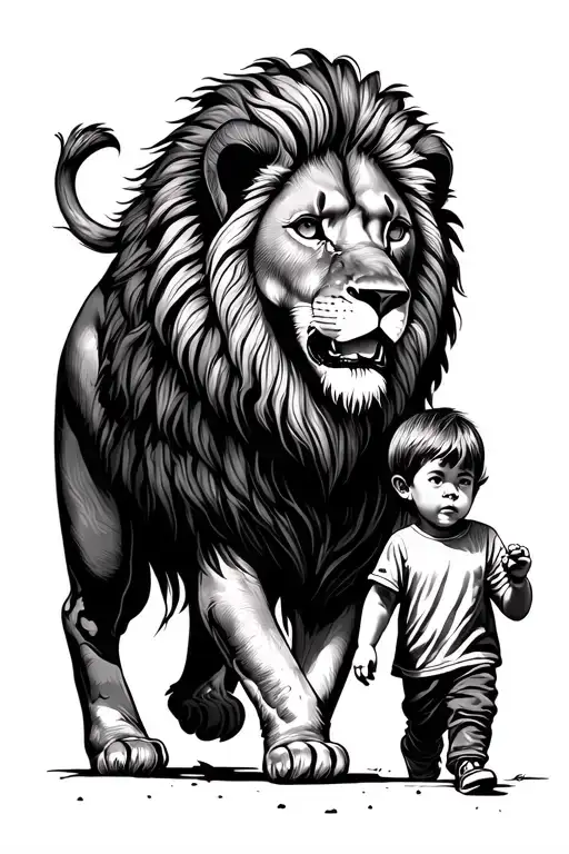 Lion and the child walking with him tattoo design idea