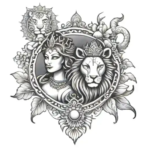 infinity, Queen crown,sun,moon, lotus, female lions,venus, krishna and radha,11:11 tattoo design idea