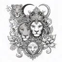 infinity, Queen crown,sun,moon, lotus, female lions,venus, krishna and radha,11:11 tattoo design idea