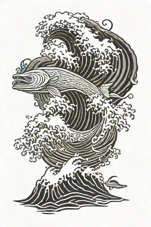 kanagawa wave with cloud, pine, crab, wrasse, surf, seaweed tattoo design idea