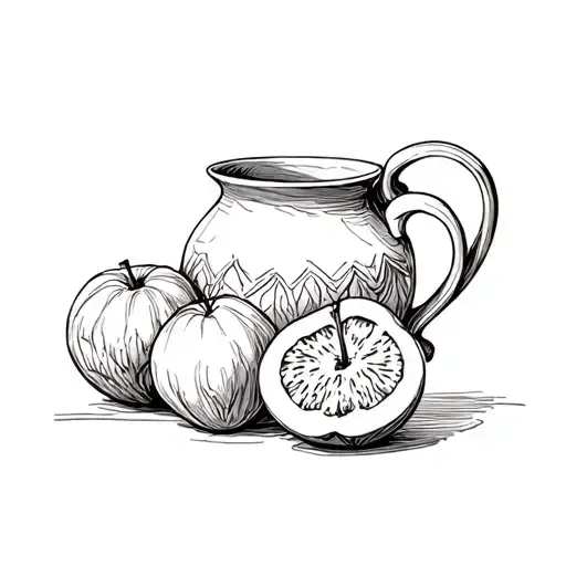 fine line sketch style - pottery, fruit tattoo design idea
