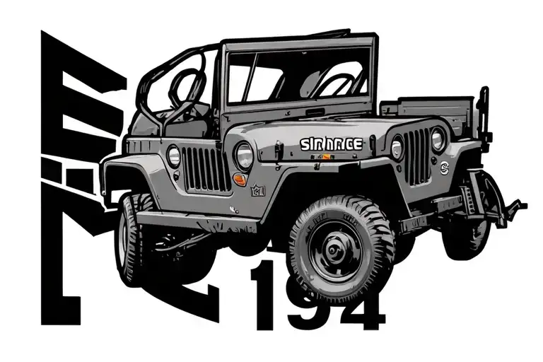 side view of wwii army jeep driving over the words "Since 1941" in blueprint style tattoo design idea